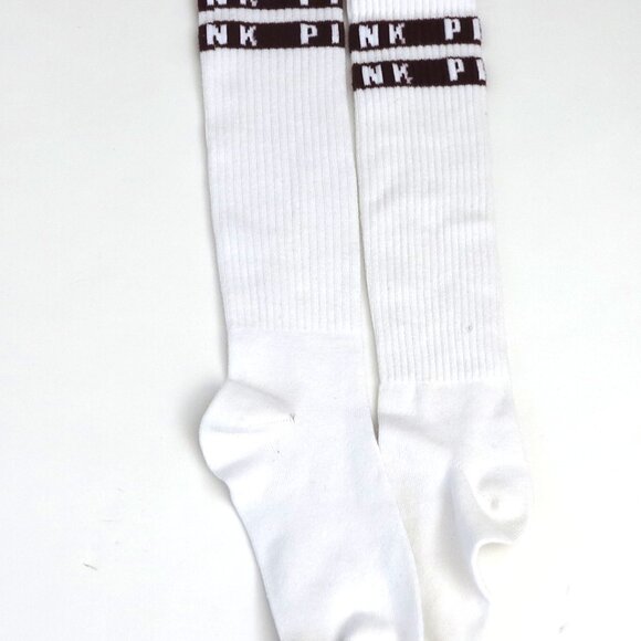 Super Rare Vintage White Knee High Socks w/ Red Macaroon Band & PINK Logo Unworn - Picture 6 of 7